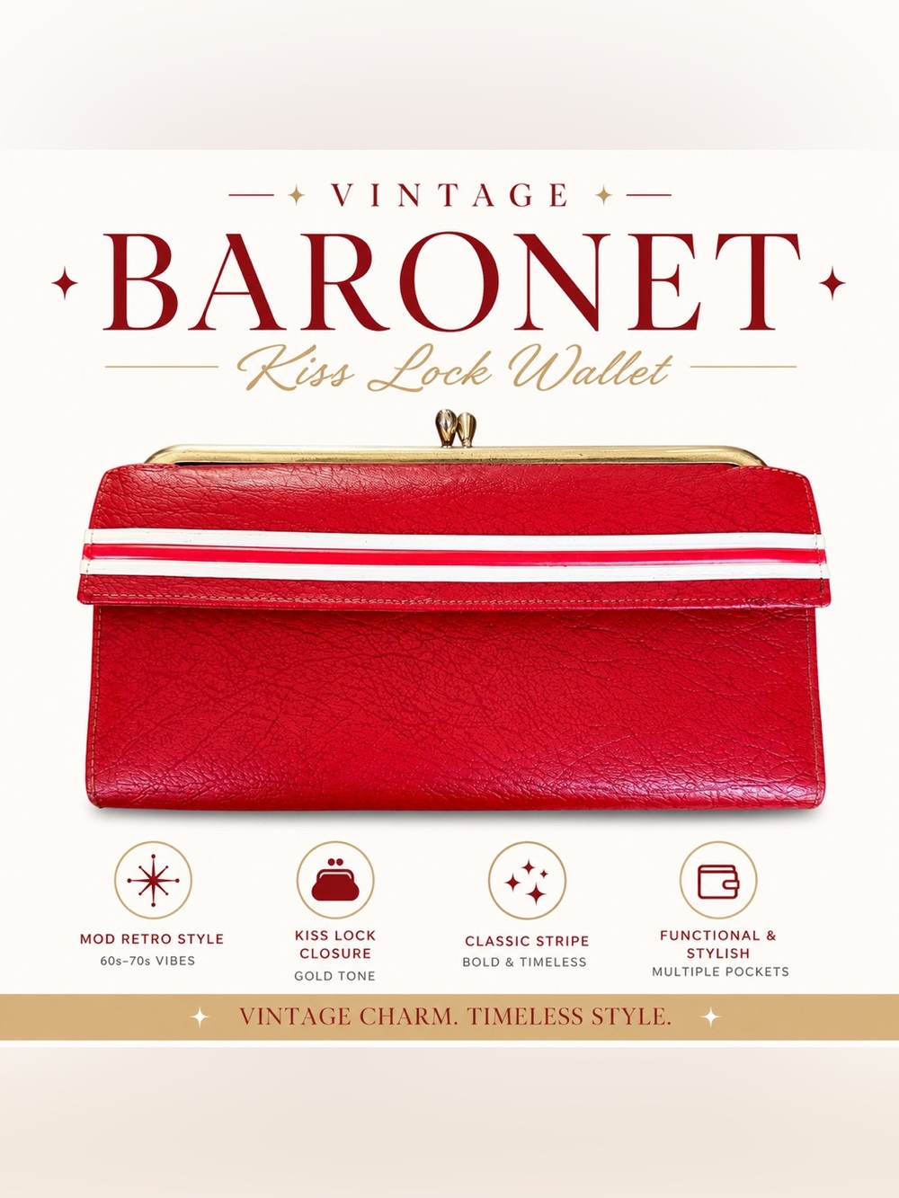 Vintage Baronet Red Kiss Lock Wallet Mod Stripe Retro Clutch